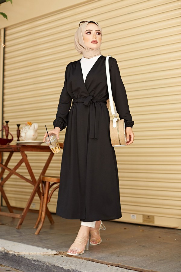  - Beli Kuşaklı Tesettür Kimono 5587-05 Siyah