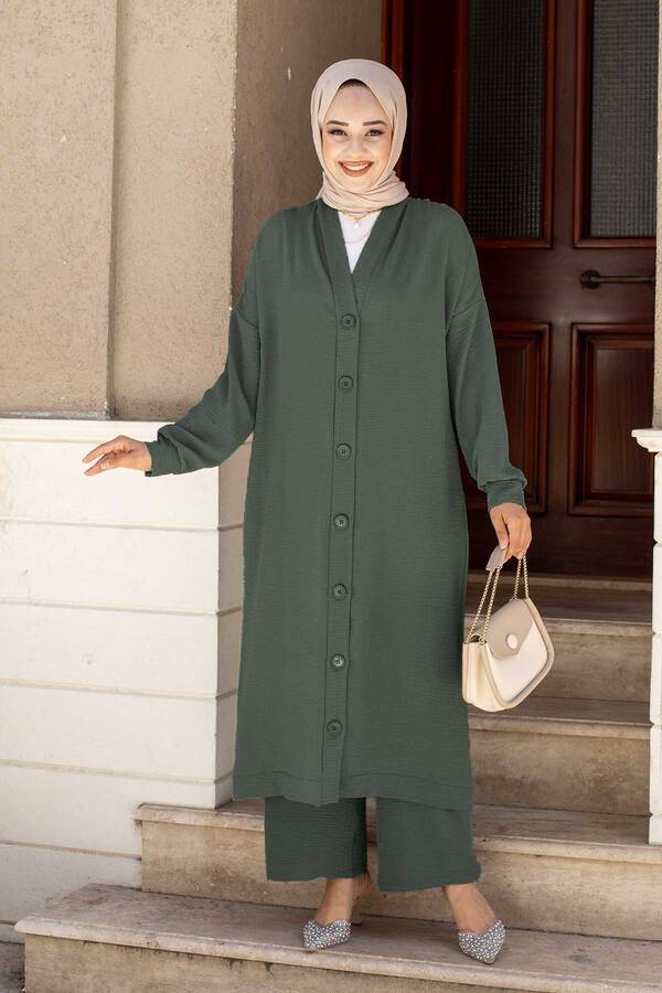 MD - Boydan Düğmeli Aerobin Tesettür İkili Takım Haki