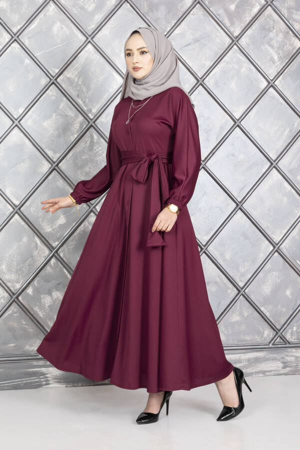 MD - Boydan Düğmeli Kuşaklı Tesettür Elbise Bordo