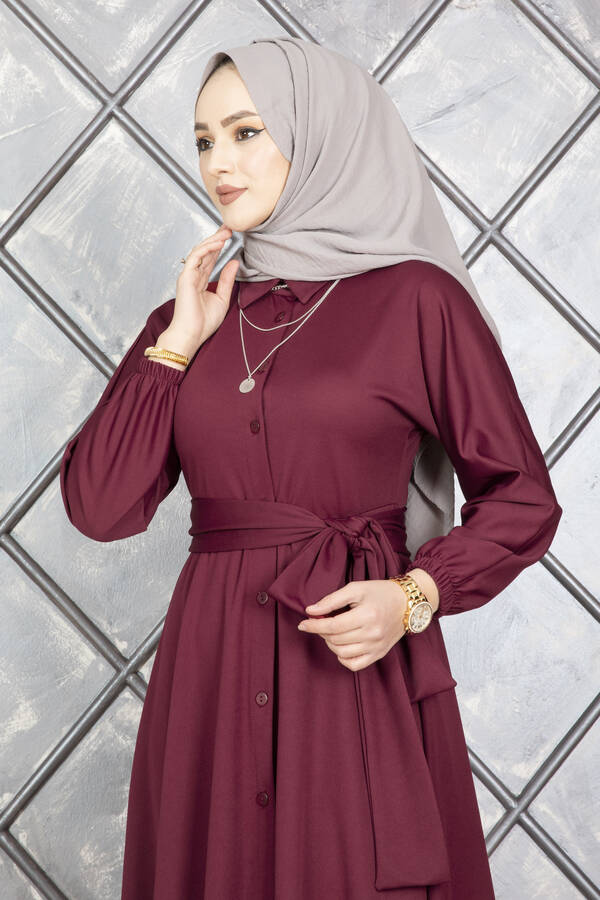 MD - Boydan Düğmeli Kuşaklı Tesettür Elbise Bordo (1)