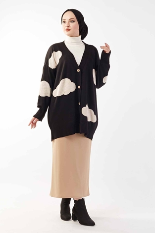 Bulut Desenli Hırka 160SAG5027 Siyah - Thumbnail