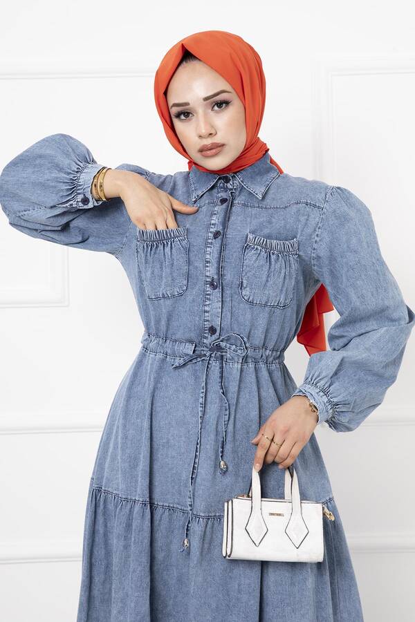 MD - Cep Detaylı Kot Tesettür Elbise Açık Kar (1)