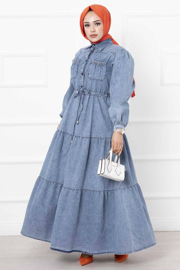 MD - Cep Detaylı Kot Tesettür Elbise Açık Kar