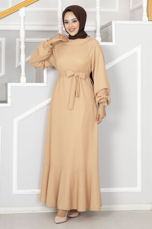 Deren Beli kuşaklı Tesettür Elbise Latte - Thumbnail