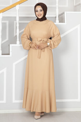 Deren Beli kuşaklı Tesettür Elbise Latte - Thumbnail