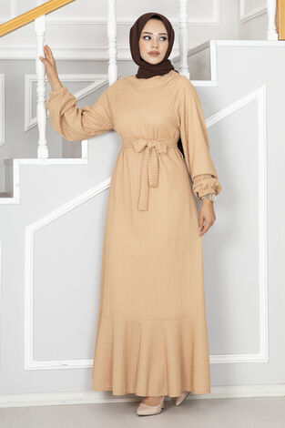 Deren Beli kuşaklı Tesettür Elbise Latte - Thumbnail