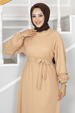 Deren Beli kuşaklı Tesettür Elbise Latte - Thumbnail