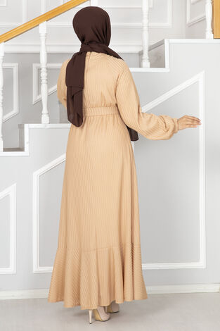 Deren Beli kuşaklı Tesettür Elbise Latte - Thumbnail