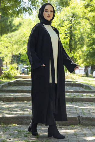 Düğme Detaylı Triko Tesettür Hırka Siyah - Thumbnail