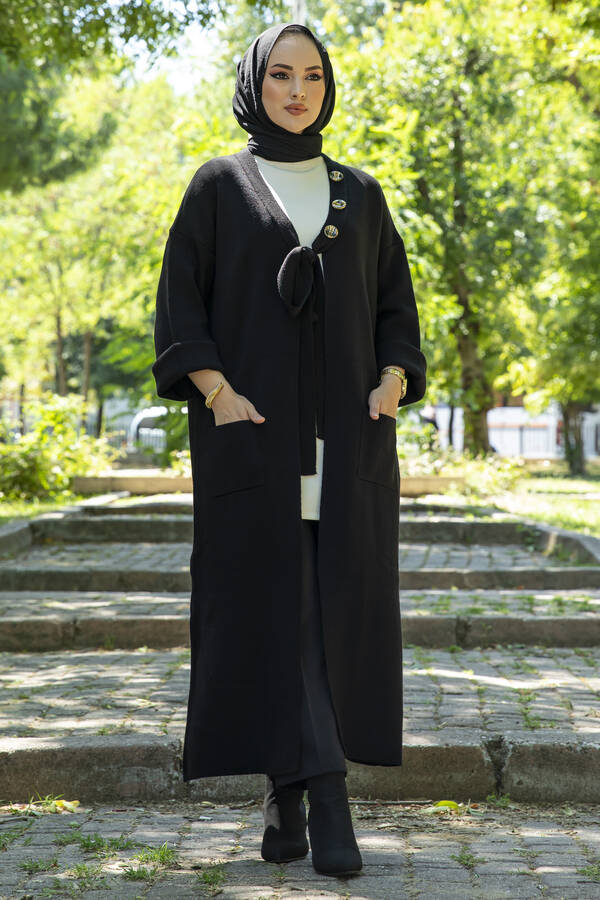 Düğme Detaylı Triko Tesettür Hırka Siyah