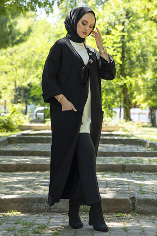 Düğme Detaylı Triko Tesettür Hırka Siyah - Thumbnail