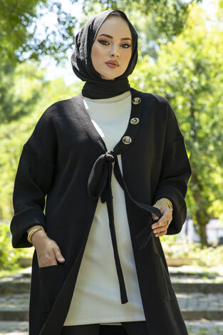 Düğme Detaylı Triko Tesettür Hırka Siyah - Thumbnail