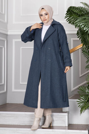 Elvin Tesettür Kaşe Kaban İndigo - Thumbnail