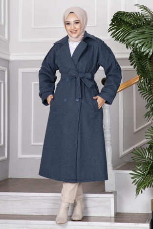 Elvin Tesettür Kaşe Kaban İndigo - Thumbnail