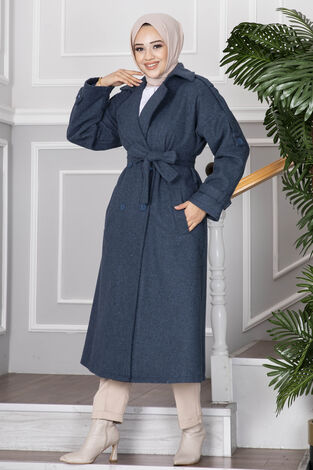 Elvin Tesettür Kaşe Kaban İndigo - Thumbnail