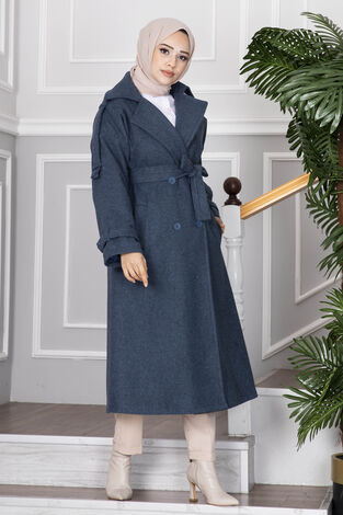 Elvin Tesettür Kaşe Kaban İndigo - Thumbnail