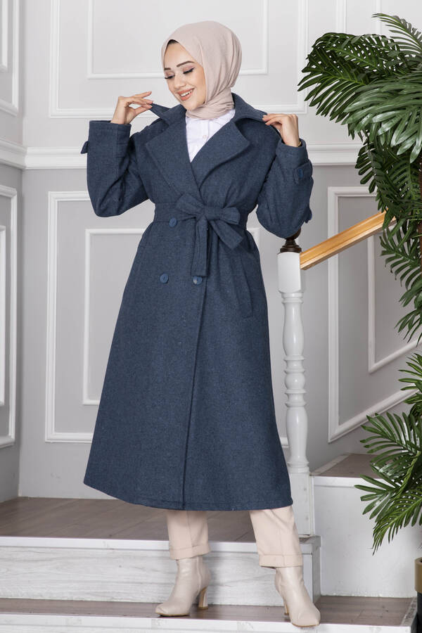 Elvin Tesettür Kaşe Kaban İndigo