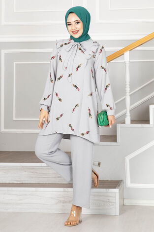 Eylül Nakışlı Tesettür Tunik Takım Gri - Thumbnail