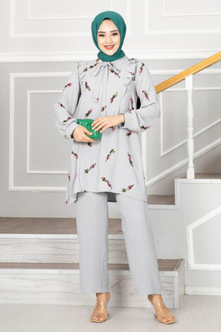 Eylül Nakışlı Tesettür Tunik Takım Gri - Thumbnail