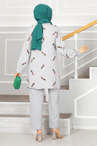 Eylül Nakışlı Tesettür Tunik Takım Gri - Thumbnail