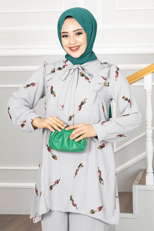 Eylül Nakışlı Tesettür Tunik Takım Gri - Thumbnail