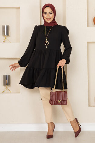Fırfırlı Aerobin Tesettür Tunik Siyah - Thumbnail
