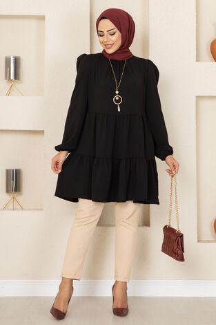 Fırfırlı Aerobin Tesettür Tunik Siyah - Thumbnail