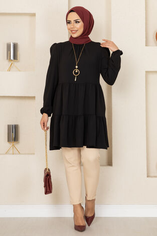 Fırfırlı Aerobin Tesettür Tunik Siyah - Thumbnail