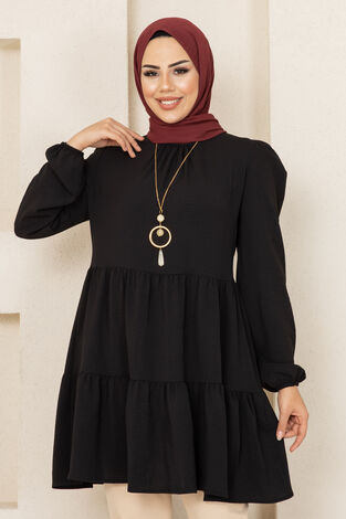 Fırfırlı Aerobin Tesettür Tunik Siyah - Thumbnail
