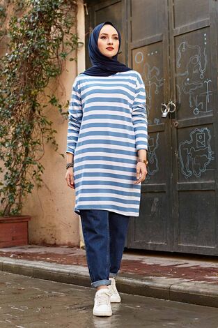 Kalın Çizgili Basic Tesettür Sweat 120NY534 İndigo - Thumbnail