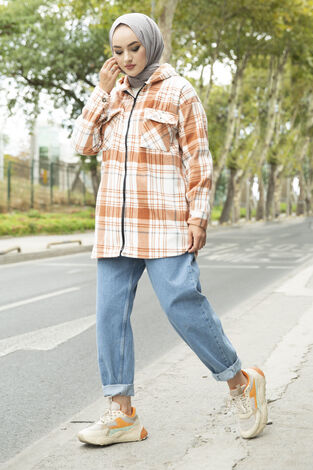 Kapüşon Detaylı Polar Gömlek Turuncu - Thumbnail