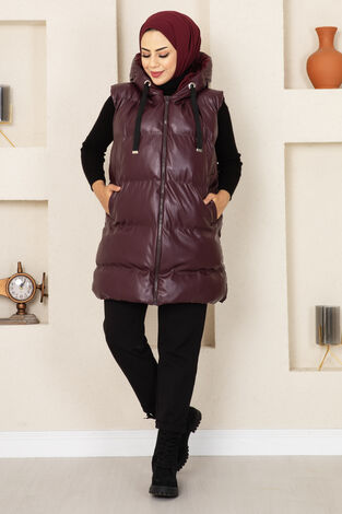 Kapüşonlu Şişme Tesettür Deri Yelek Bordo - Thumbnail