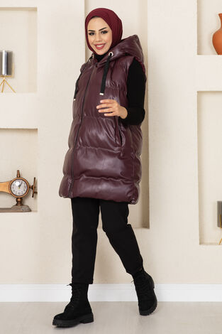 Kapüşonlu Şişme Tesettür Deri Yelek Bordo - Thumbnail