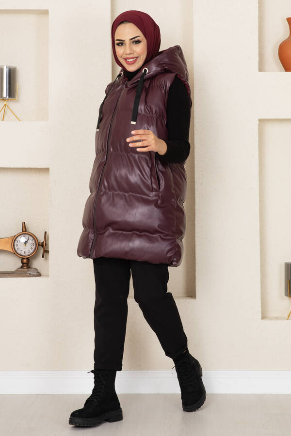Kapüşonlu Şişme Tesettür Deri Yelek Bordo