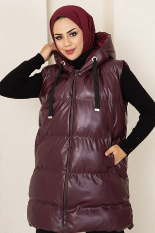 Kapüşonlu Şişme Tesettür Deri Yelek Bordo - Thumbnail