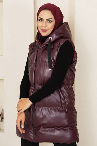 Kapüşonlu Şişme Tesettür Deri Yelek Bordo - Thumbnail