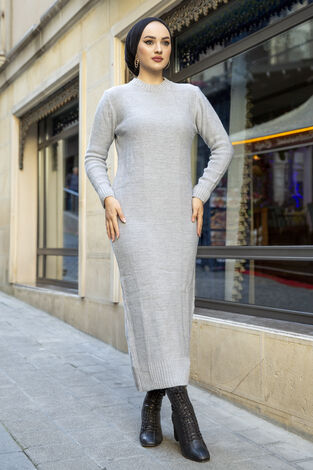 Kapüşonlu Tesettür Triko Takım Gri - Thumbnail