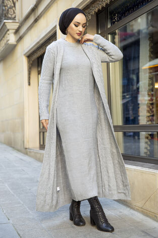 Kapüşonlu Tesettür Triko Takım Gri - Thumbnail