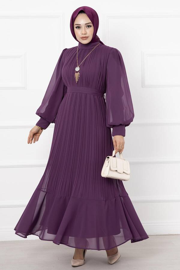 MD - Kolları Organze Tesettür Abiye Mor