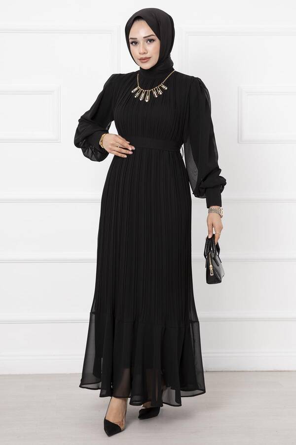 MD - Kolları Organze Tesettür Abiye Siyah