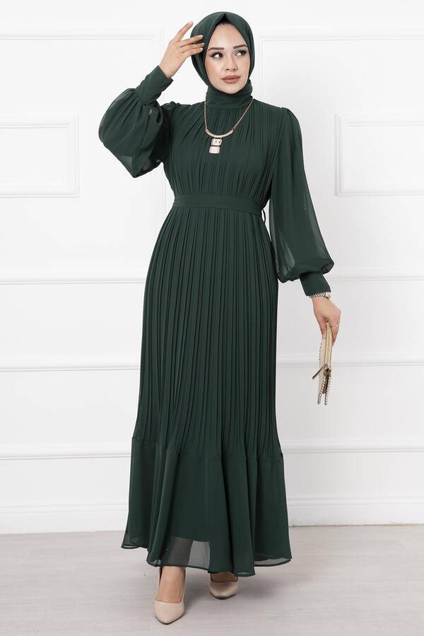 MD - Kolları Organze Tesettür Abiye Zümrüt