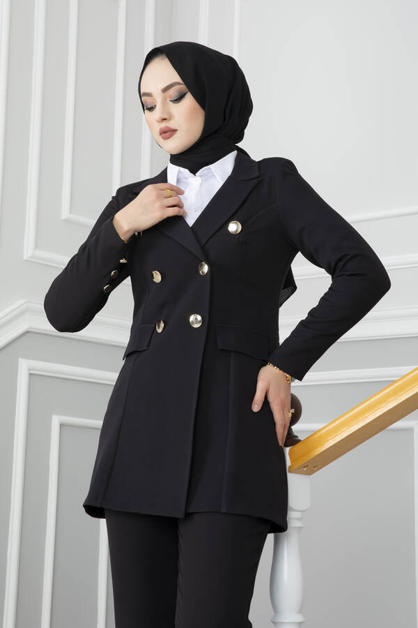 E - Mendil Yaka Detaylı Tesettür Takım Siyah (1)