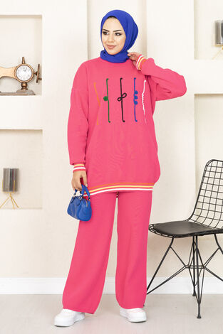 Nakış Detaylı Tesettür Takım Pembe - Thumbnail
