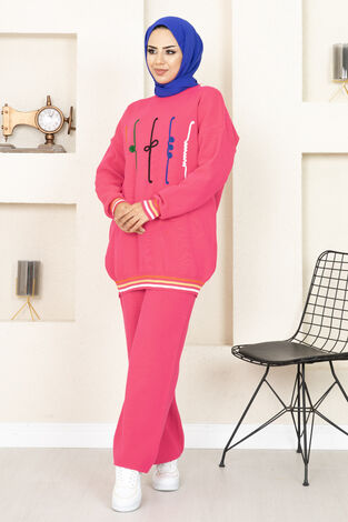 Nakış Detaylı Tesettür Takım Pembe - Thumbnail