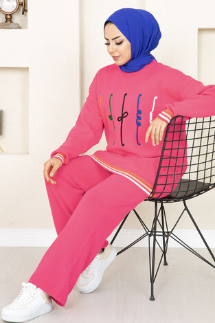 Nakış Detaylı Tesettür Takım Pembe - Thumbnail