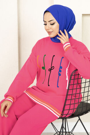 Nakış Detaylı Tesettür Takım Pembe - Thumbnail