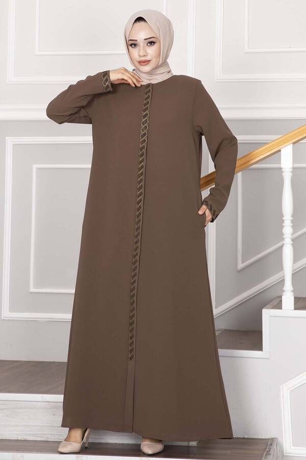 Önü Taşlı Tesettür Ferace Kahve