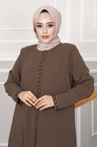 Önü Taşlı Tesettür Ferace Kahve - Thumbnail