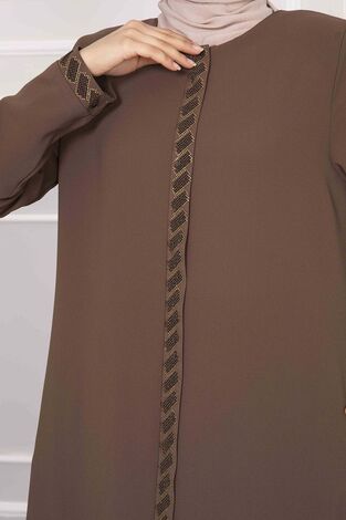 Önü Taşlı Tesettür Ferace Kahve - Thumbnail