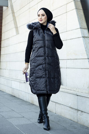 Oval Kesim Tesettür Şişme Yelek Siyah - Thumbnail